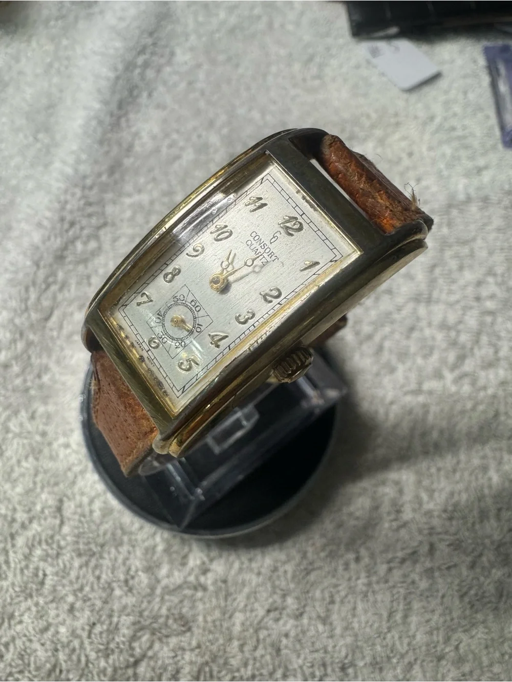 Men's Gold-Tone Rectangular Watch with Brown Leather Strap